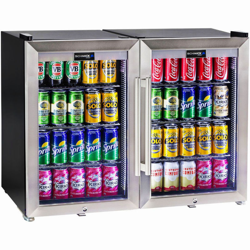 Bar Fridge | 2 Door Alfresco | Schmick SC70 doors closed with fridge full of drinks and white LED lights on